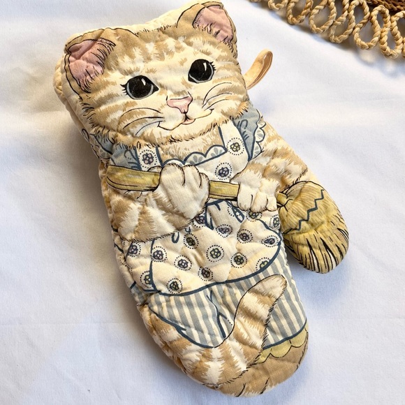 Vintage 80s Cat Cottagecore Quilted Oven Mitt Potholder - Picture 2 of 6